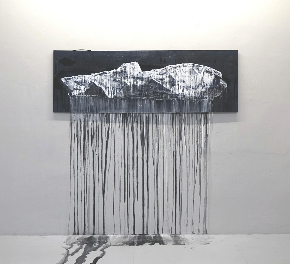 »Aus der Form« 2019, Acryl, Lack auf Tapeziertisch, 60 x 175 cm