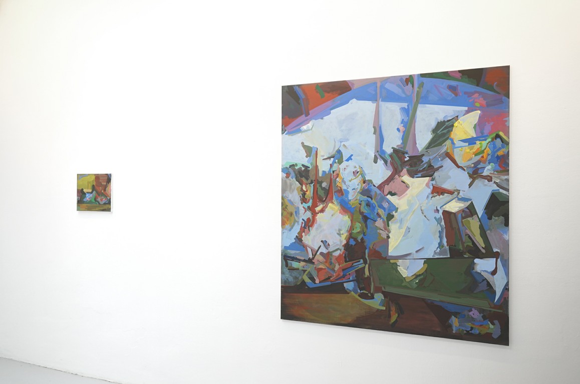 o.T. 2019, Acryl auf Leinwand, 30 x 35 cm / »TIFFYLAND« 2019, Acryl auf Leinwand, 155 x 135 cm