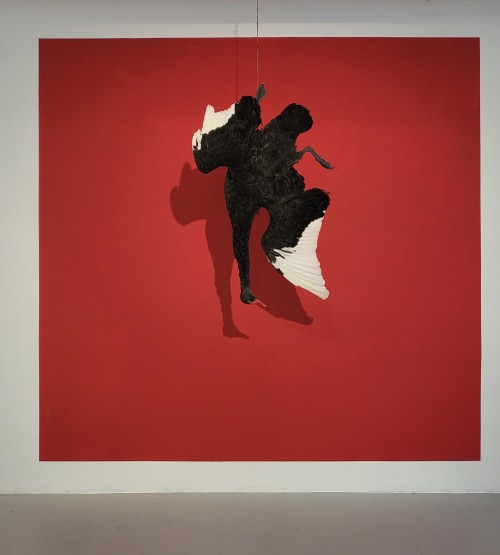 Der gestürzte Lohengrin, Installation mit Tierpräparat, 2025